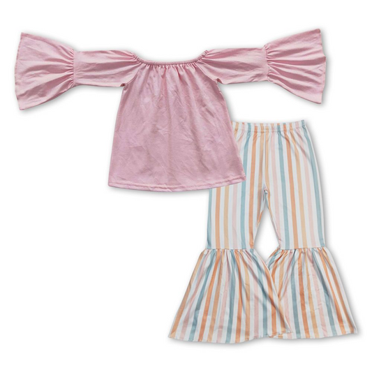 Pink one-shoulder bell-sleeved long-sleeved colorful striped milk silk trousers suit GT0223+P0059