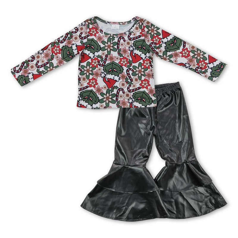 Cartoon flower white long sleeve black double lace leather pants suit GT0326+P0034