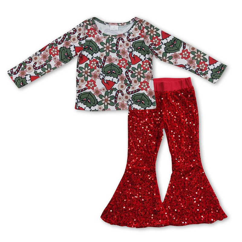 Cartoon flower white long sleeve red sequined bell pants suit GT0326+B4-11
