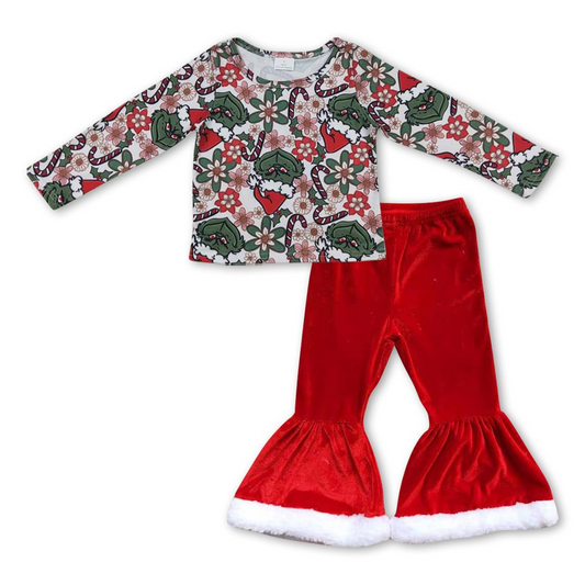 Cartoon flower white long sleeve red plush bell pants suit GT0326+A4-10