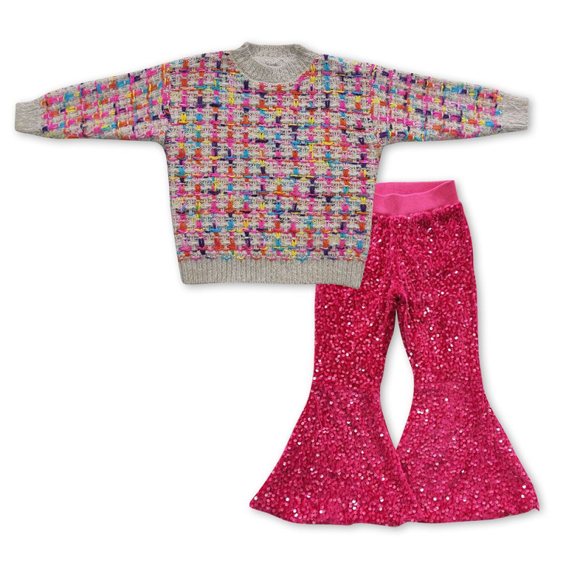 Colorful Sweater Long Sleeve Rose Sequined Pants Suit GT0302+P0112
