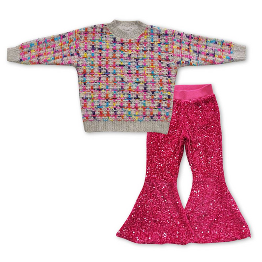 Colorful Sweater Long Sleeve Rose Sequined Pants Suit GT0302+P0112