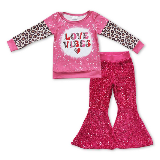 Girls' Valentine's Day VIBES Pink Leopard Print Long Sleeve Rose Sequined Pants Suit