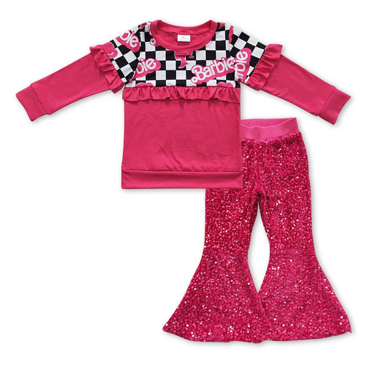 Avatar black and white plaid lace long-sleeved rose red sequined trousers suit GT0296+P0112