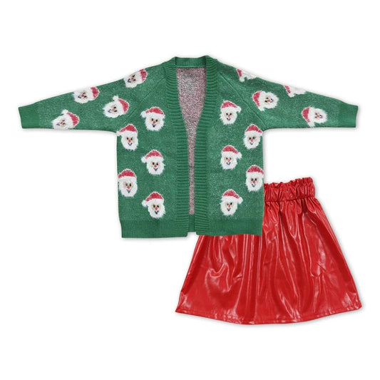 Kids Girls Christmas Santa Green Sweater Coat and Red Skirt Set