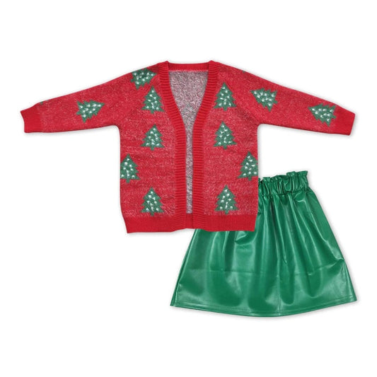 Kids Girls Christmas Tree Red Sweater Coat and Green Skirt Set