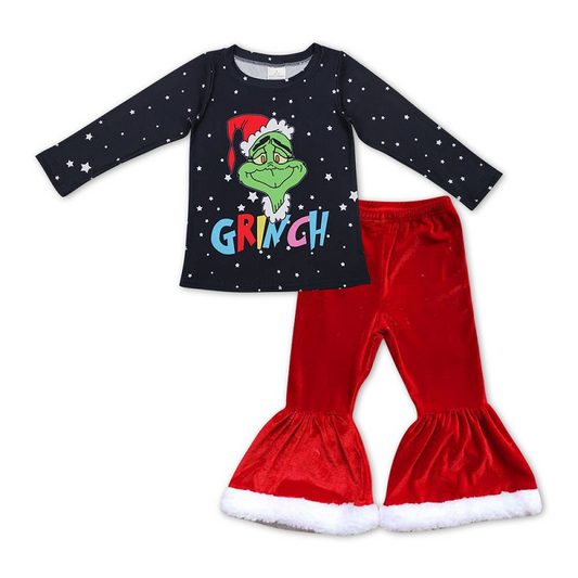 Baby Girls Christmas Green Face Top and Red Velvet Pants Set
