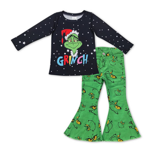 Letter Star Black Long Sleeve Smiley Green Denim Pants Suit