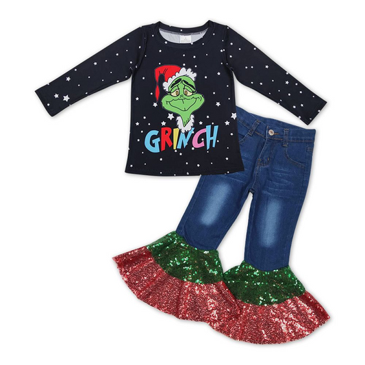 Letter Star Black Long Sleeve Red Green Sequined Denim Pants Suit