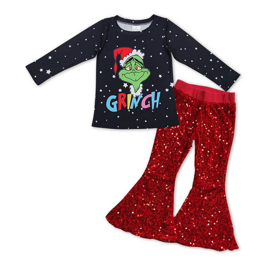 Letter Star Black Long Sleeve Red Sequined Flare Pants Suit