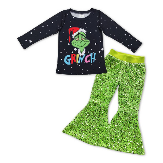 Letter Star Black Long Sleeve Fluorescent Green Sequined Pants Suit