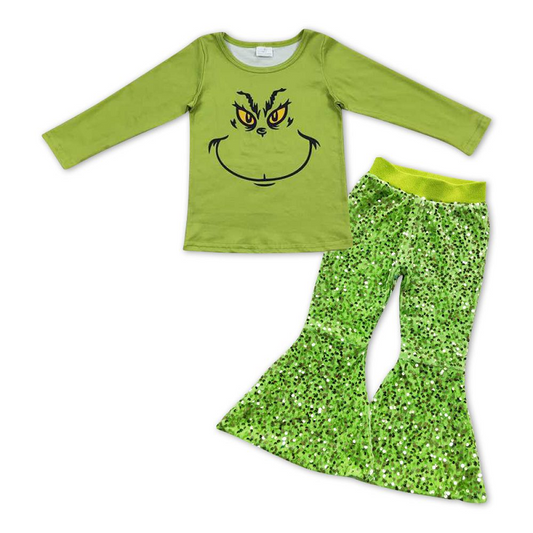 Green long-sleeved fluorescent green sequined trousers suit