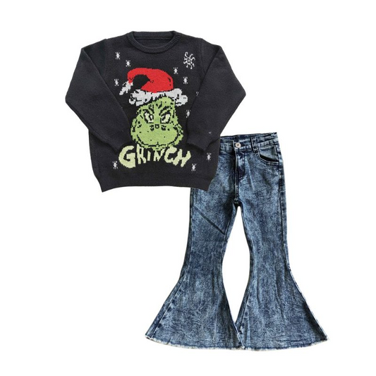 Baby Girls Green Face Sweater Blue Denim Pants Outfit GT0188+P0008