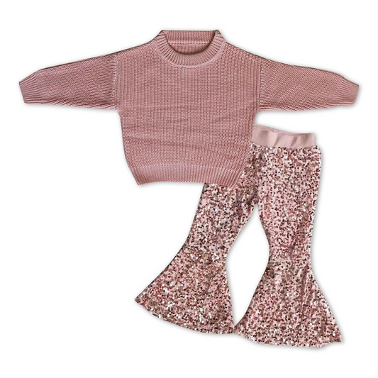 Kids Girls Pink Sweater + Light Pink Sequin Pants Outfit GT0036+E2-28