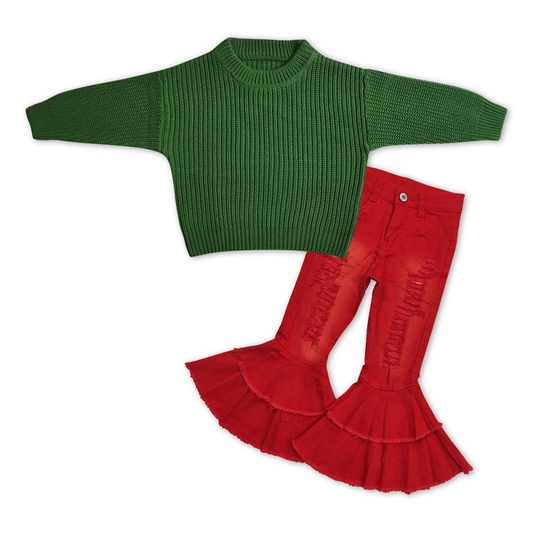Baby Girls Green Sweater +Red Denim Pants Outfit GT0031+P0270