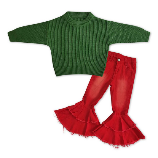 Baby Girls Green Sweater +Red Bleach Denim Pants Outfit GT0031+P0006