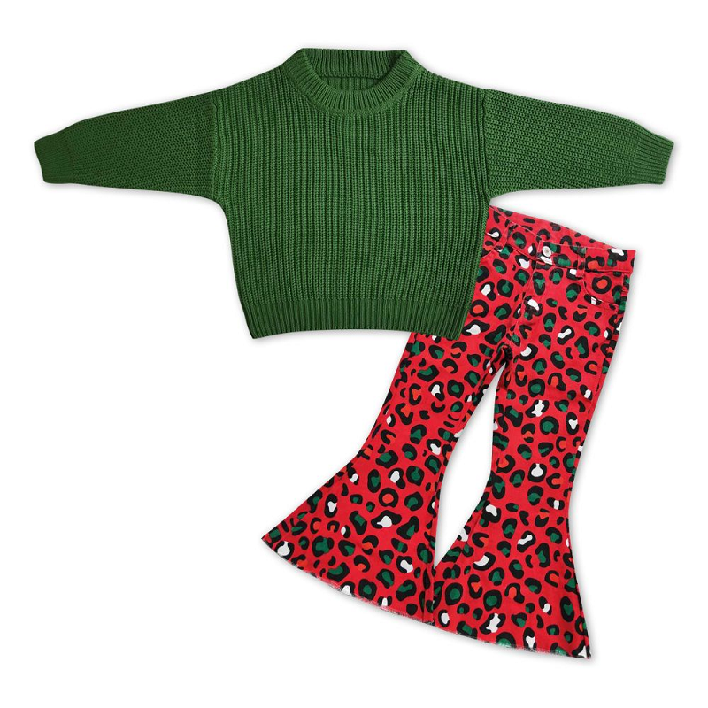 Baby Girls Green Sweater +Leopard Denim Pants Outfit GT0031+P0229
