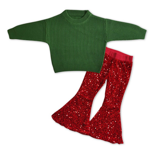 Kids Girls Green Sweater + Red Sequin Pants Outfit GT0031+B4-11