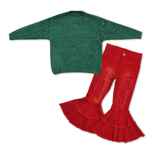 Baby Girls Green Sweater +Red Denim Pants Outfit GT0217+P0270