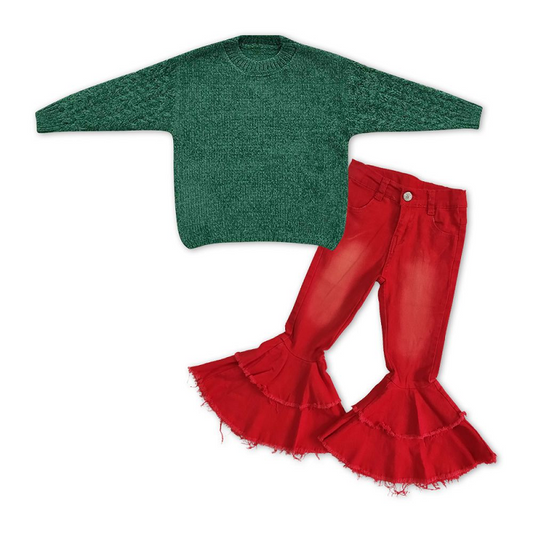 Baby Girls Green Sweater +Red Bleach Denim Pants Outfit GT0217+P0006