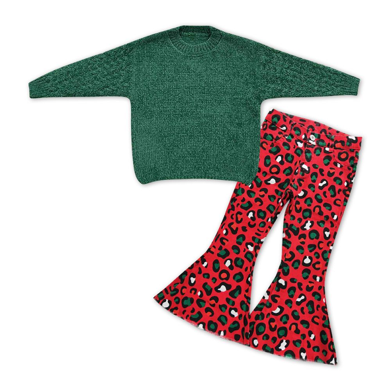 Baby Girls Green Sweater +Leopard Denim Pants Outfit GT0217+P0229