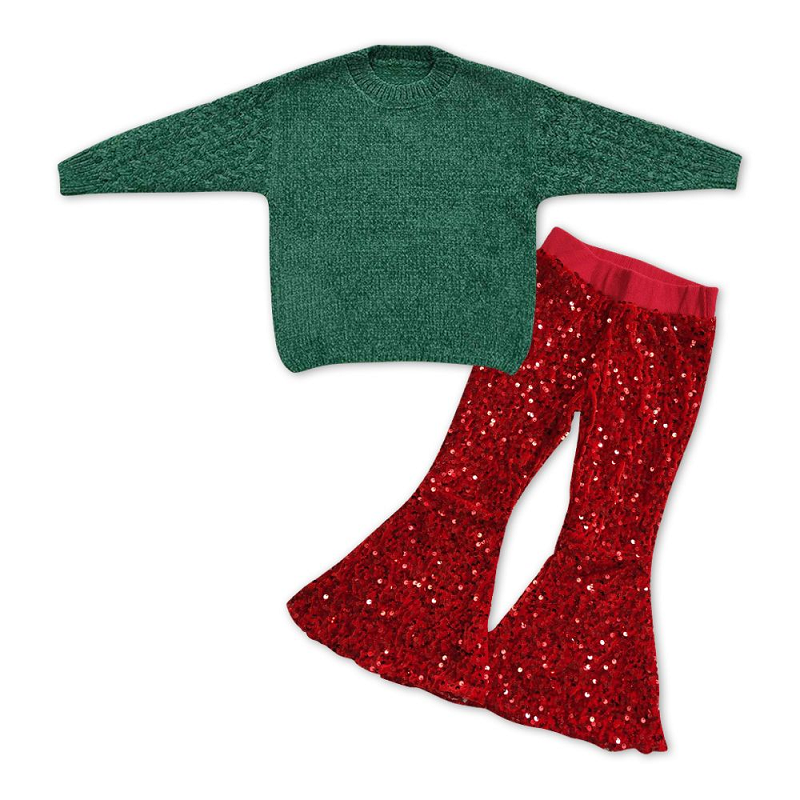 Kids Girls Green Sweater + Red Sequin Pants Outfit GT0217+B4-11