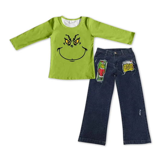 Christmas Green Face Top Matching Denim Pants Outfit 	 BT0256+P0207