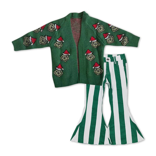Christmas Green Cardigen + Green Striped Denim Pants Set GT0371+P0330