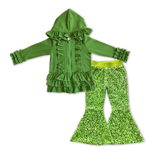 Green Jacket Matching Sequin Pants Clothes Set GT0017+P0148