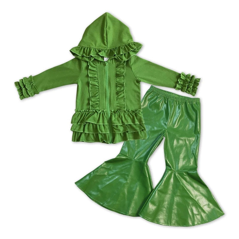 Green Jacket Matching PU Leather Bell Pant Clothes Set GT0017+P0051
