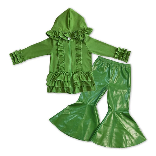 Green Jacket Matching PU Leather Bell Pant Clothes Set GT0017+P0051