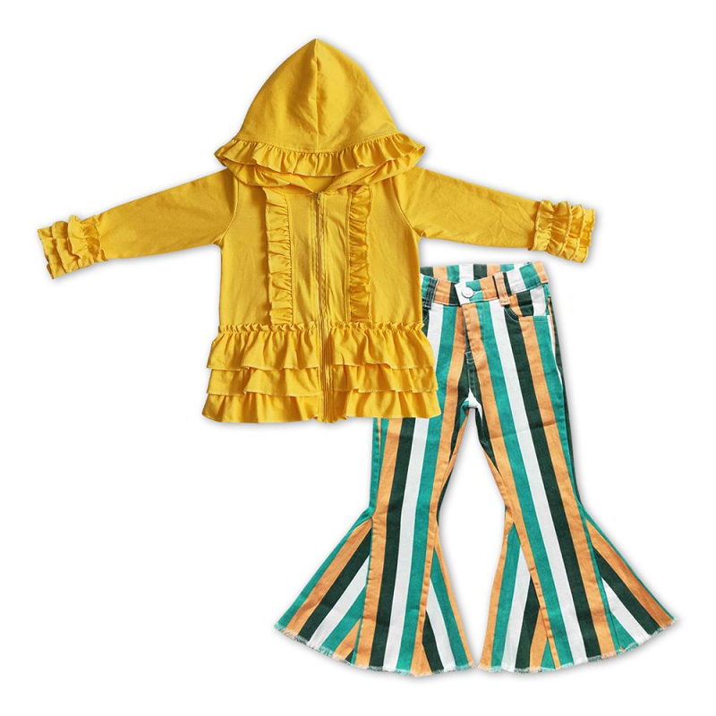 yellow Cotton Jacket Matching Denim Bell Pants Set GT0018+P0131