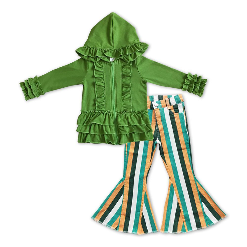 Green Cotton Jacket Matching Denim Bell Pants Set GT0017+P0131