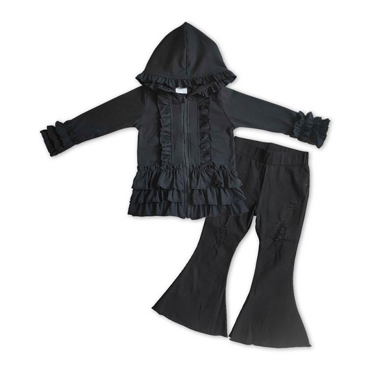 Black Cotton Jacket Matching Denim Bell Pants Set GT0016+C8-2