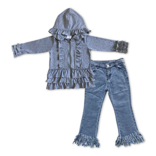 Gray Cotton Jacket Matching Denim Bell Pants Set GT0015+B7-13