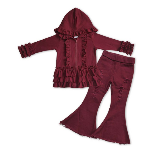 Maroon Cotton Jacket Matching Denim Bell Pants Set GT0014+P0047