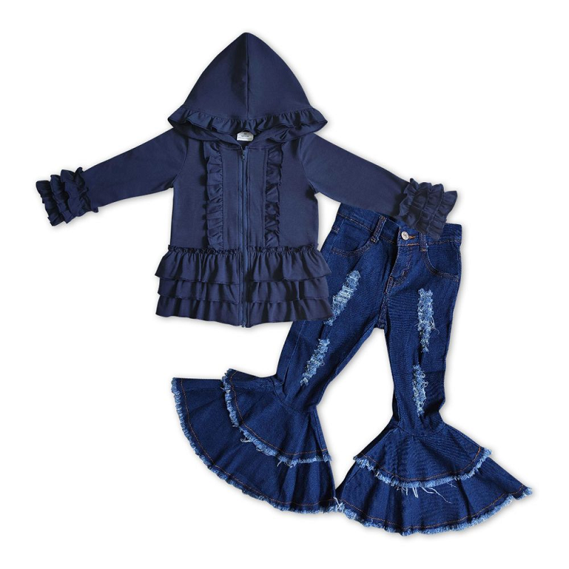 Navy Cotton Jacket Matching Denim Bell Pants Set GT0013+C12-9