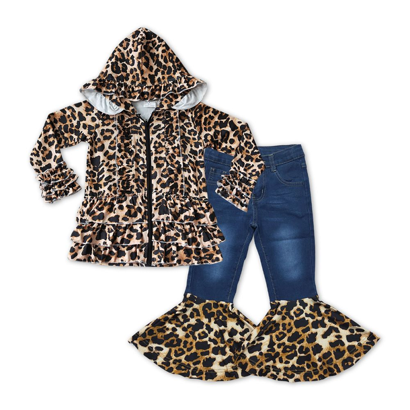 Leopard Jacket Matching Denim Bell Pants Set   6 B6-23+P0116
