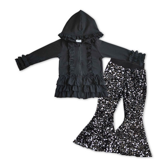 Kids Girls Cotton Black Jacket Matching Sequin Bell Pants Outfit GT0016+E5-30