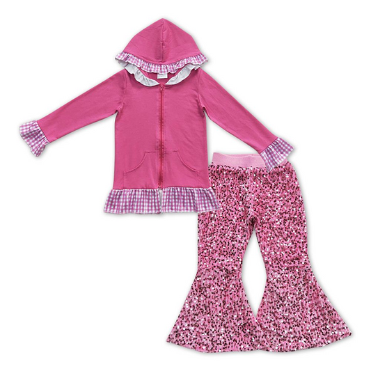 Kids Girls Cotton Pink Jacket Matching Sequin Bell Pants Outfit GT0261+D5-27