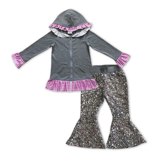 Kids Girls Cotton Grey Jacket Matching Sequin Bell Pants Outfit GT0260+C7-14