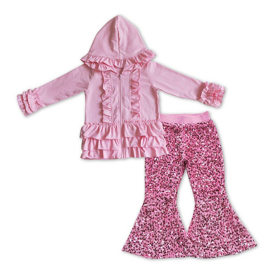 Kids Girls Cotton Pink Jacket Matching Sequin Bell Pants Outfit GT0021+D5-27