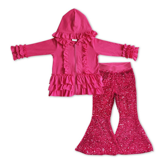 Kids Girls Cotton Hot Pink Jacket Matching Sequin Bell Pants Outfit GT0020+P0112