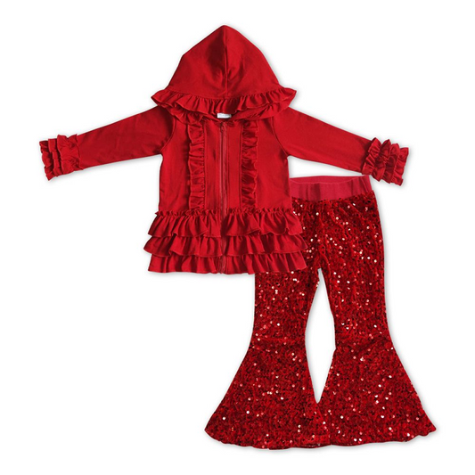 Kids Girls Cotton Red Jacket Matching Sequin Bell Pants Outfit GT0019+B4-11