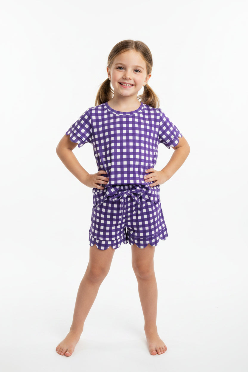 purple gingham scallop shorts set girl summer clothing