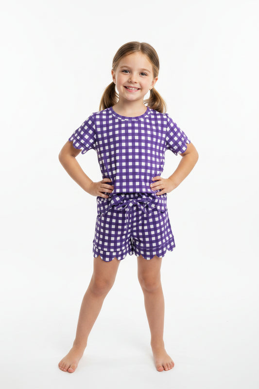 purple gingham scallop shorts set girl summer clothing