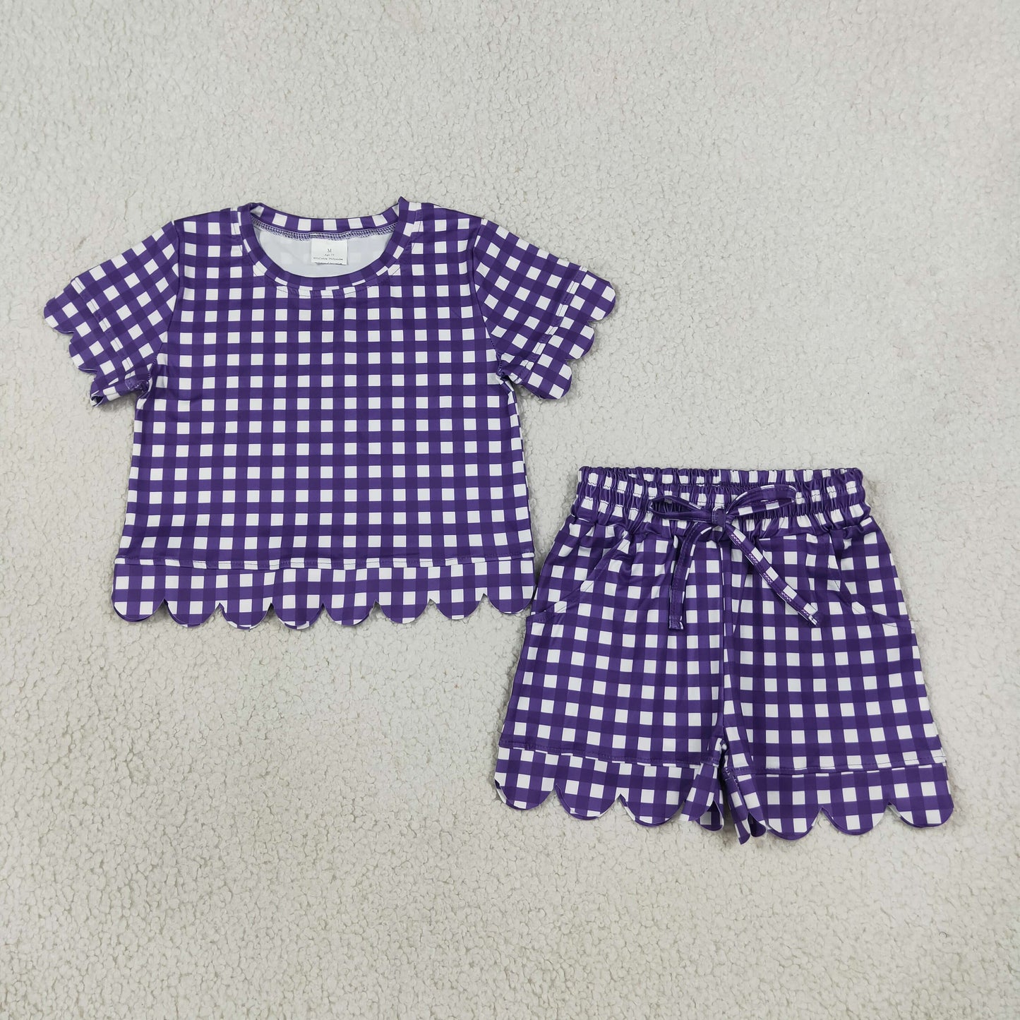 purple gingham scallop shorts set girl summer clothing