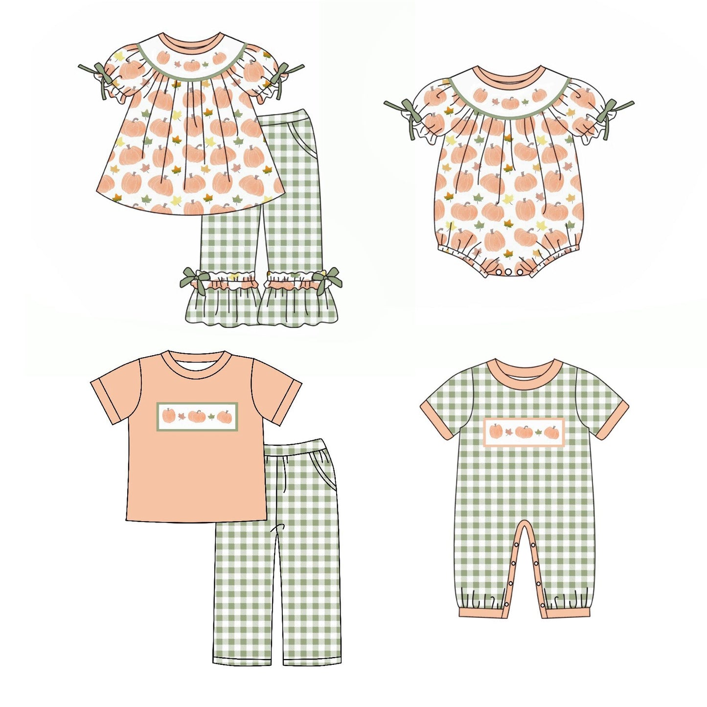 GSPO1640 Pumpkin Leaf Short Sleeve Green Plaid Trousers Suit