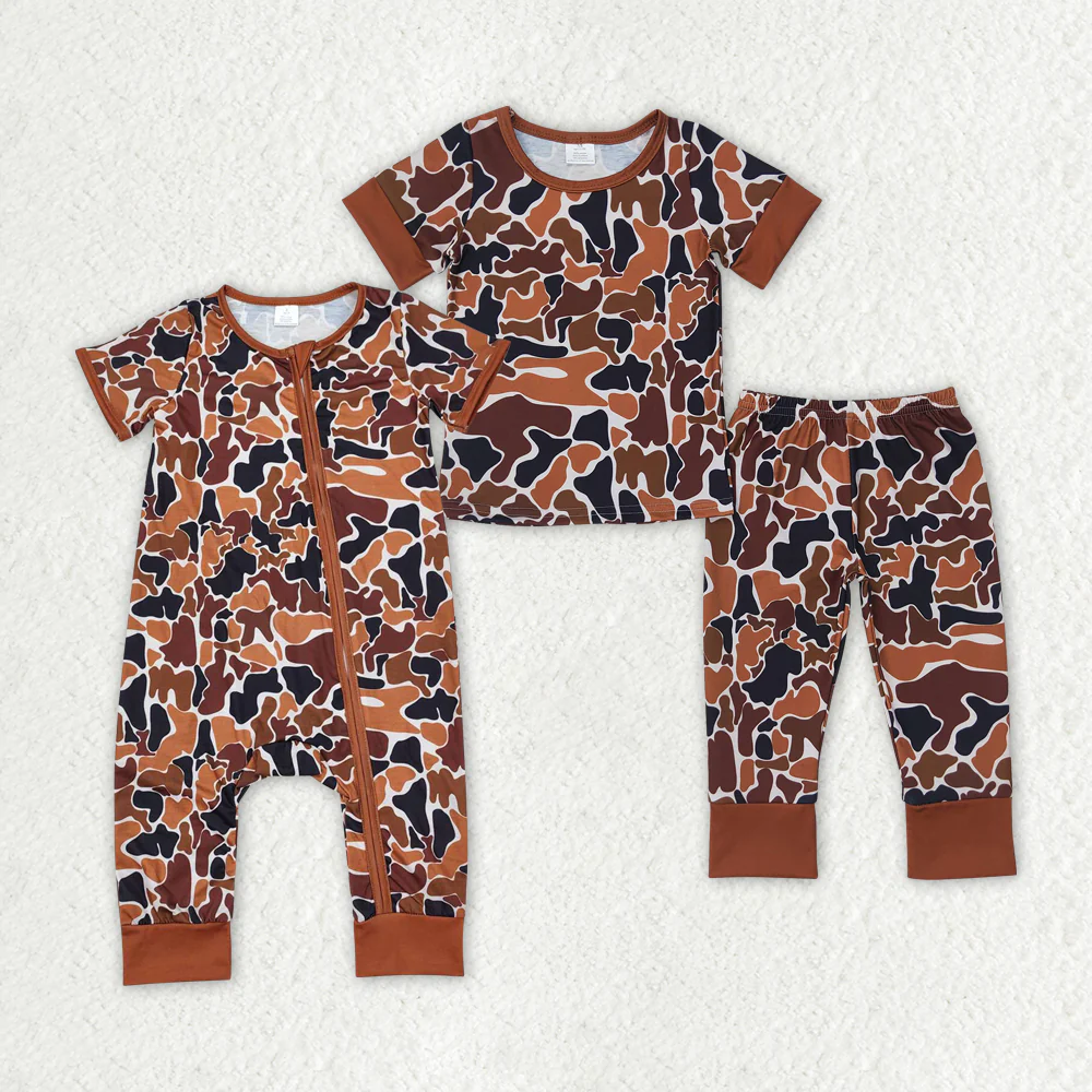 Match Baby Boys Brown Camo Bamboo Sibling Rompers Pajamas Clothes Sets