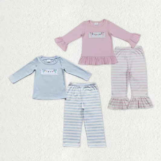 Sibling Embroidery Lights Baby Kids Long Sleeves Pants Christmas Pajamas Sets  D 1115